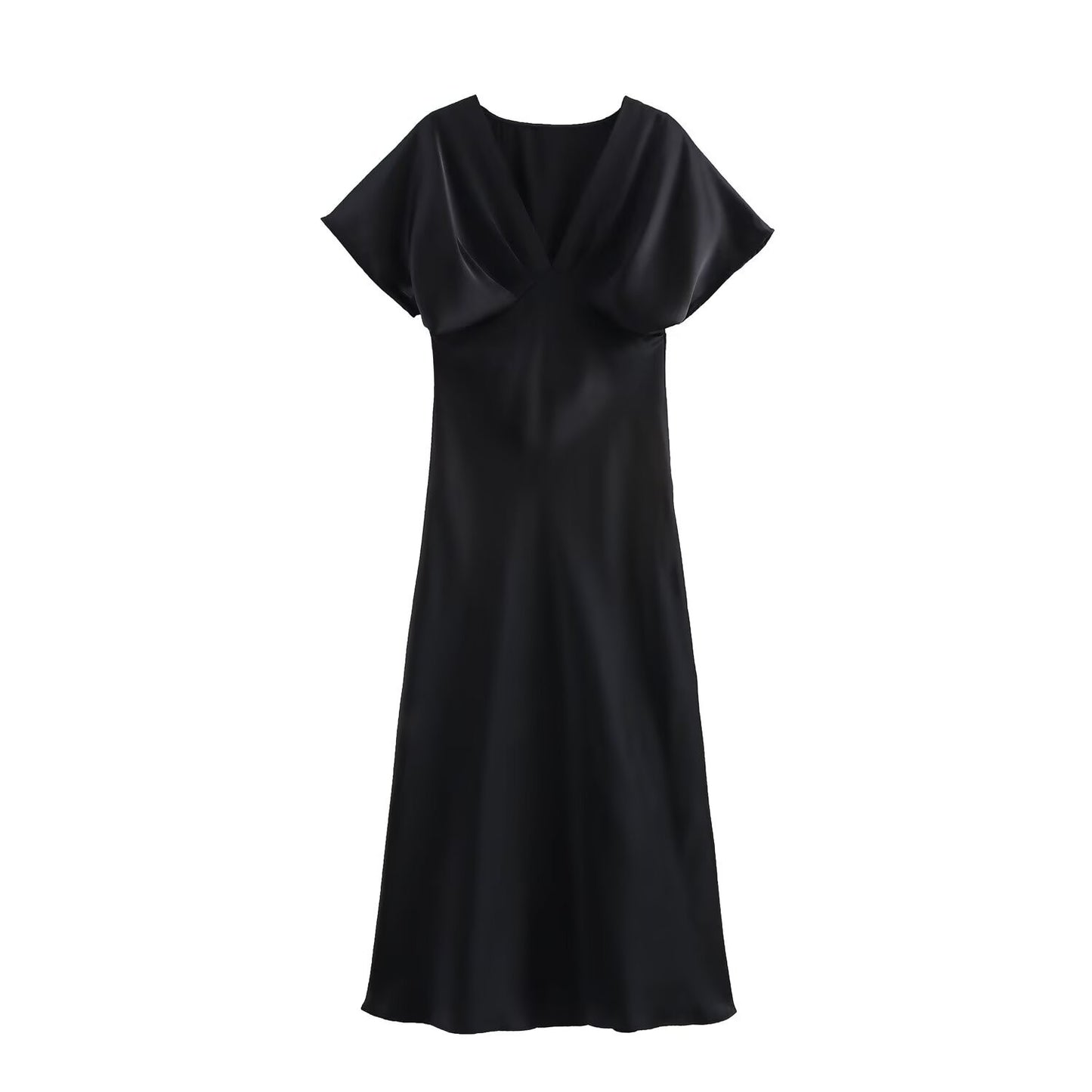 Wrinkled V-neck satin texture MIDI dress